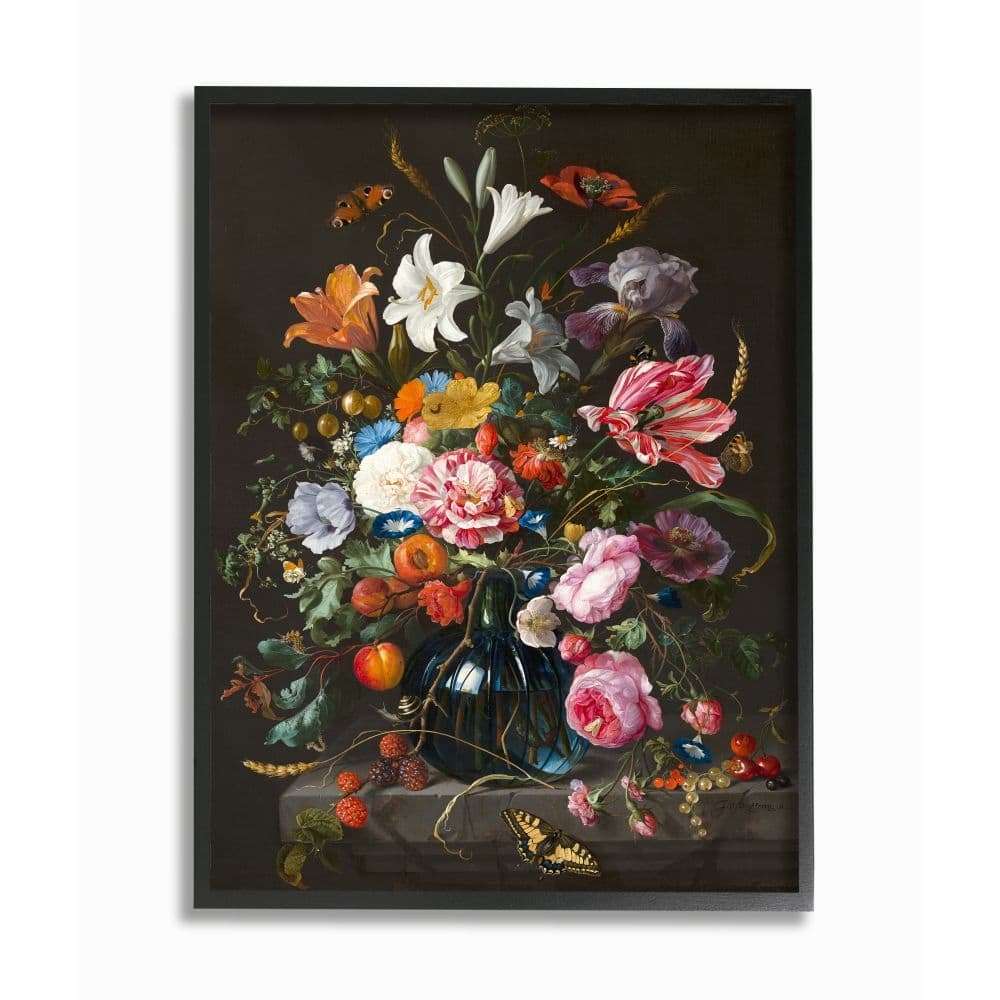 Stupell Elegant Floral Bouquet Butterfly and Fruit Details Framed Wall Art - Grey