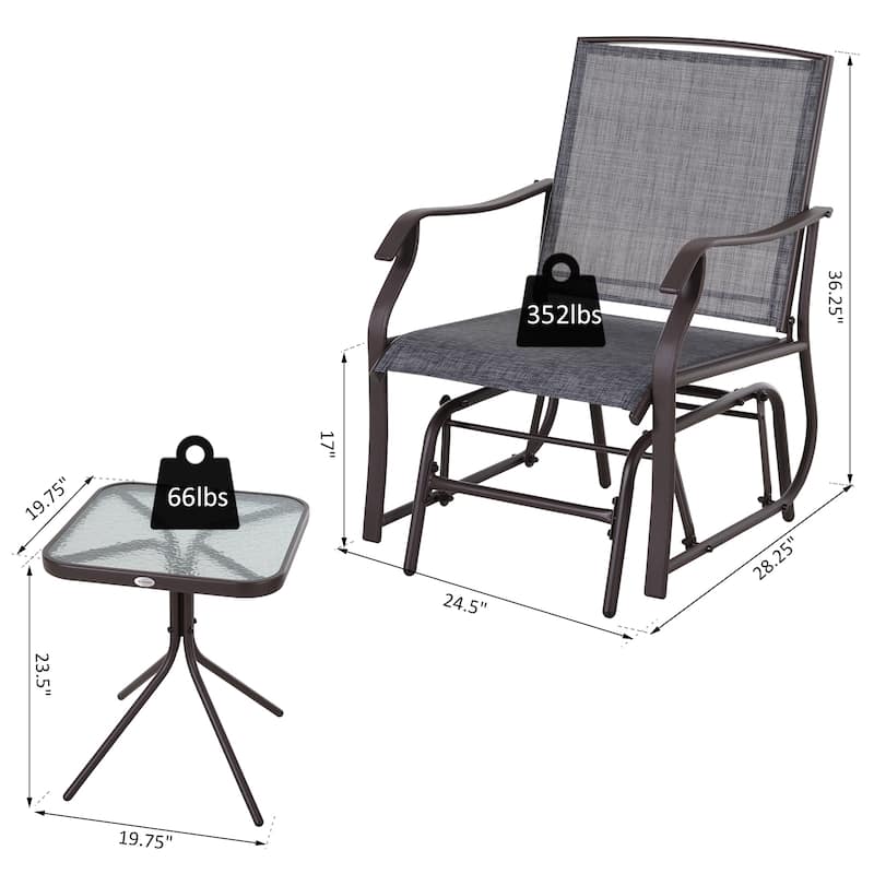 Outsunny 3PCS Glider Set with Glass Table, Outdoor Swing Rocker for Patio, Backyard