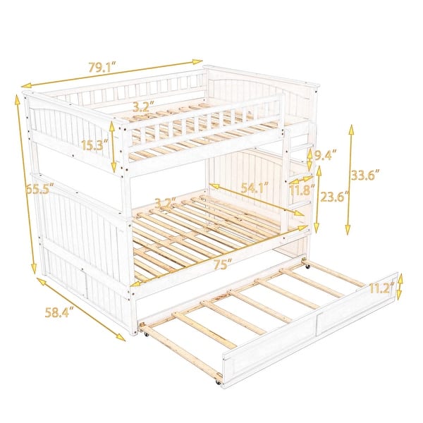 Full Bunk Bed with Twin Trundle & Guardrails - Pine Wood Construction