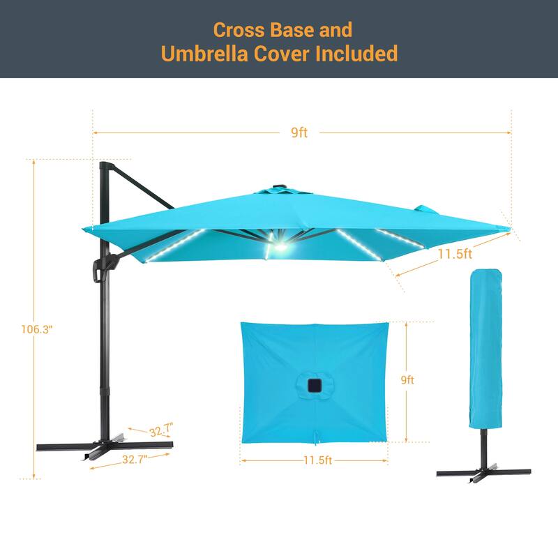 LIVOOSUN 11.5x9ft LED Cantilever Patio Umbrella with Cross Base