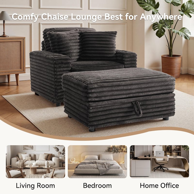 37" W Upholstered Chaise Lounge Accent Chair with Storage Ottoman