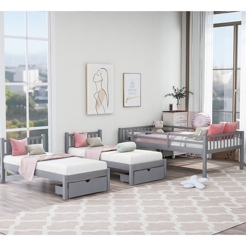 Full Over Twin & Twin Triple Bunk Bed with Drawers and Guardrails