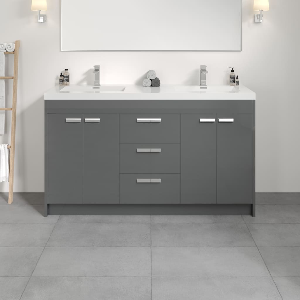 Eviva Lugano 60 inch Gray Modern Double Sink Bathroom Vanity with White Integrated Acrylic Top - 60"