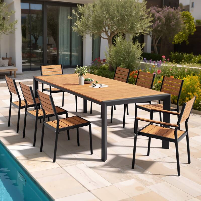 Set of 9 Outdoor Patio Dining Set WoodLike Table Top Aluminum Rectangular Umbrella Hole Table with Stackable Dining Chairs Set - Brown