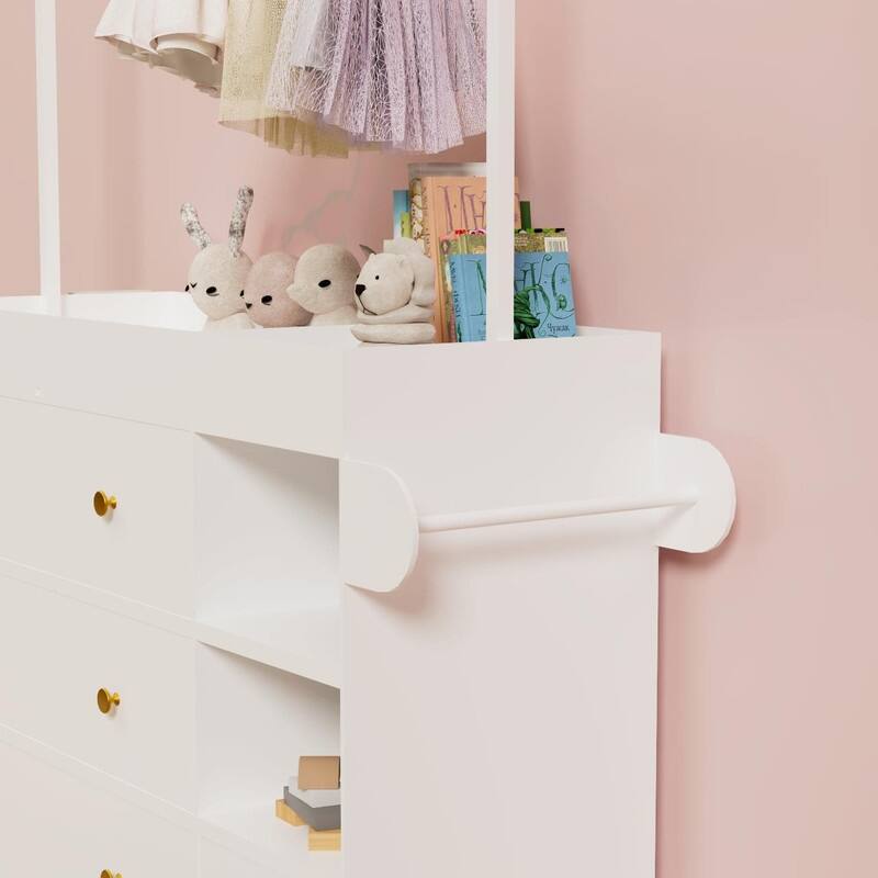 Modern Baby Changing Table Dresser with 3 Deep Drawers, Storage Shelves, Hangers & Drying Rack