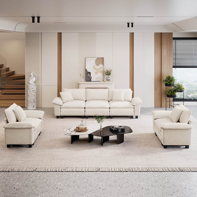 MAISON ARTS 3-Piece Sofa Set for Living Room, Comfy 3-Seater with Loveseat or Armchair, Modular Sectional Couch with Pillows - Off-White ( 5 Seaters ) - Reversible