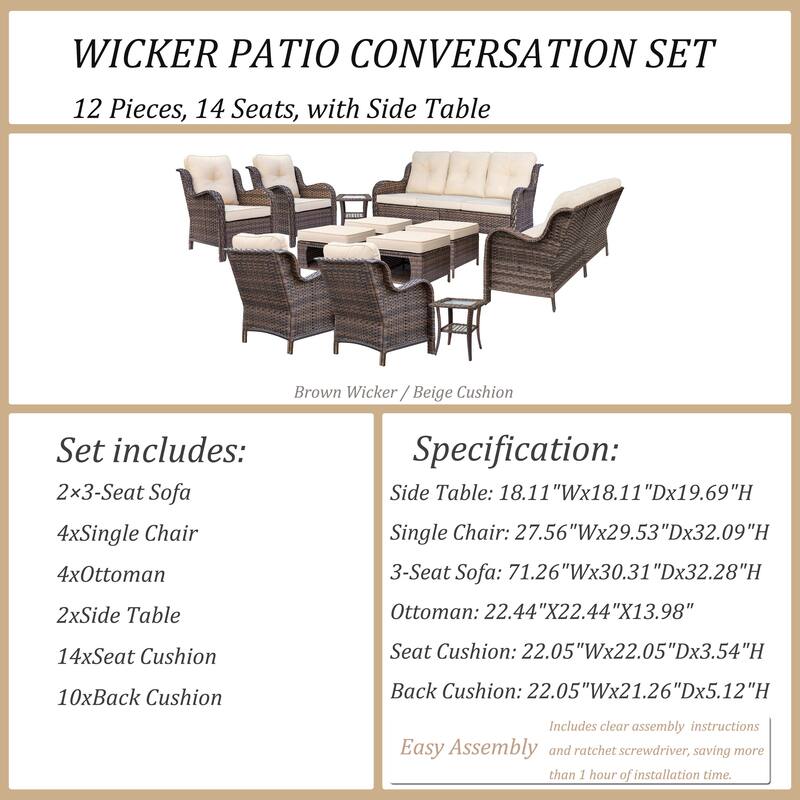 Outdoor Brown Wicker Patio Furniture Seating Sets with Beige Cushions