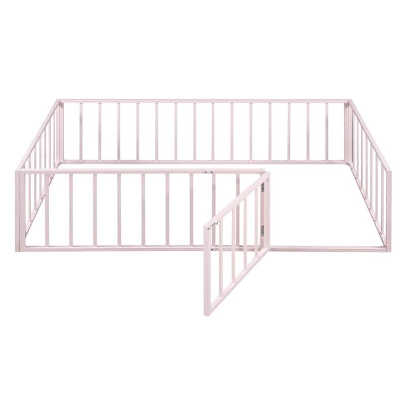 Twin/Full/Queen Size Floor Bed for Kids, Montessori Beds with Rails and Door, Metal Playhouse Bed Frame w/ Fence for Boys Girls
