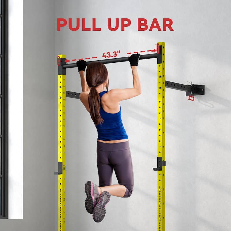 Space-Saving Folding Squat Rack with Pull-Up Bar for Heavy Lifting - 48" L x 23.6" W x 89.8" H