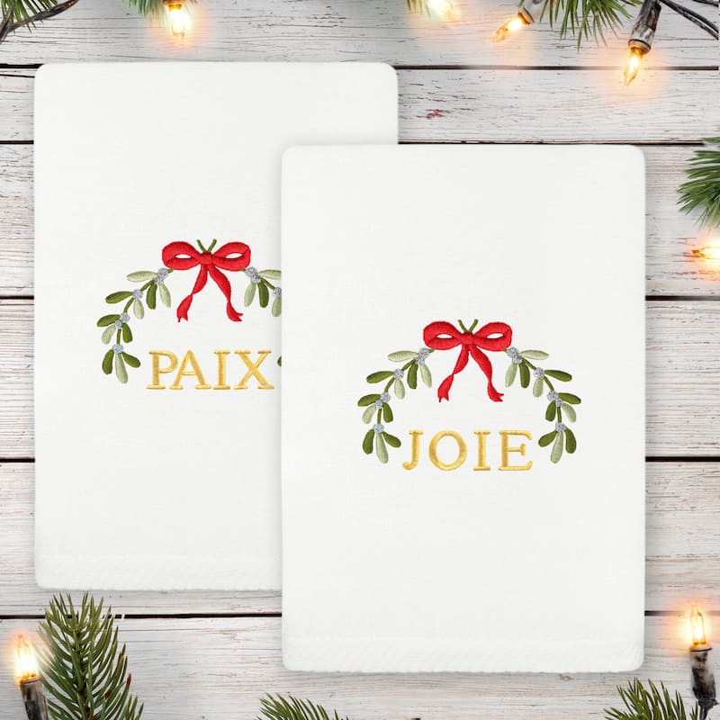 Authentic Hotel and Spa Christmas MISTLETOE PAIX and JOIE Embroidered Luxury 100% Turkish Cotton Hand Towels Set of 2