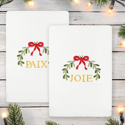 Authentic Hotel and Spa Christmas MISTLETOE PAIX and JOIE Embroidered Luxury 100% Turkish Cotton Hand Towels Set of 2