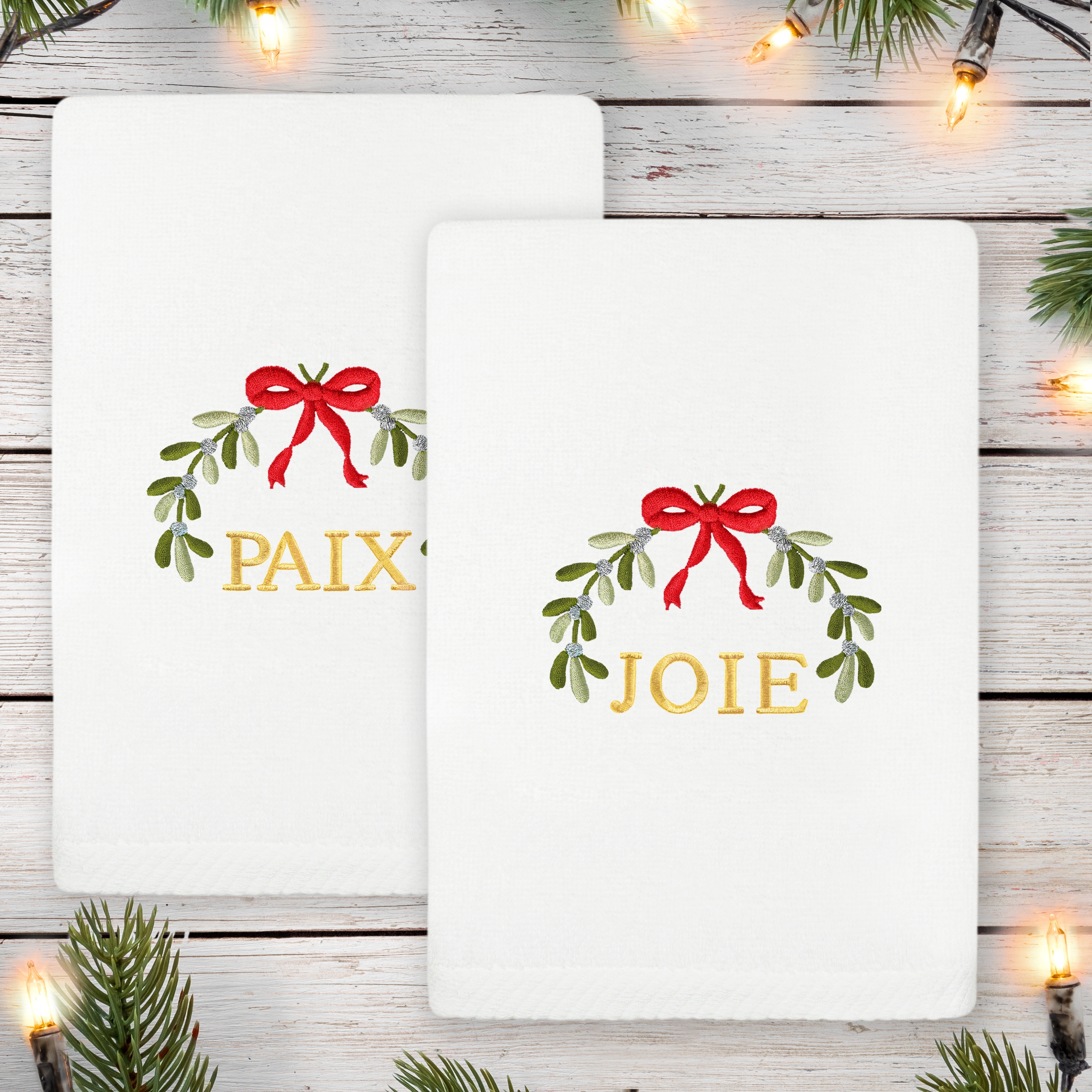 Authentic Hotel and Spa Christmas MISTLETOE PAIX and JOIE Embroidered Luxury 100% Turkish Cotton Hand Towels Set of 2