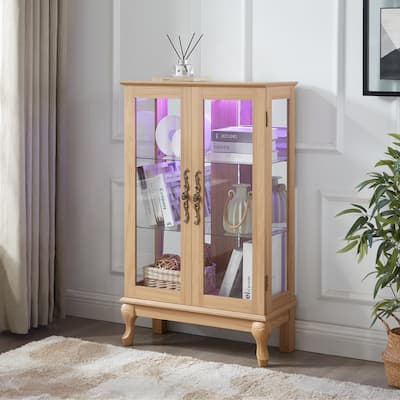 Elegant Light Oak Curio Cabinet with Tempered Glass Doors, LED Light, Mirrored Back Panel & Adjustable Shelves