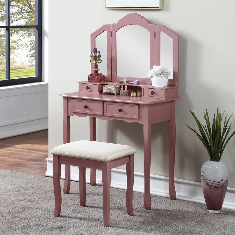 Wooden Vanity Make Up Table & Stool Set Includes Vanity, Mirror, Bench
