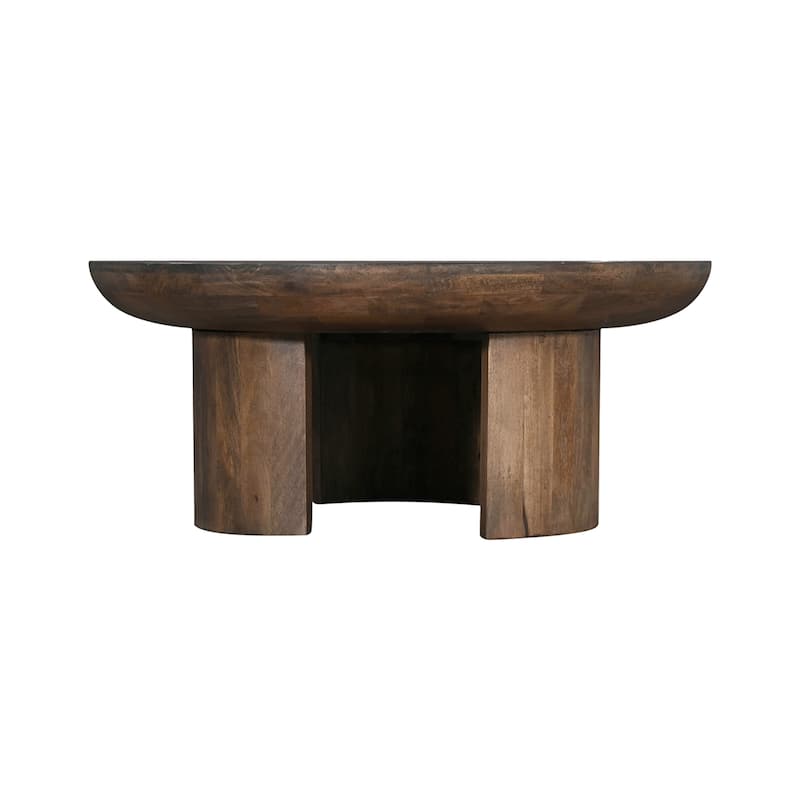 35 Inch Coffee Table, Handcrafted Round Mango Wood Top, Modern Curved Tripod Legs, Walnut Brown