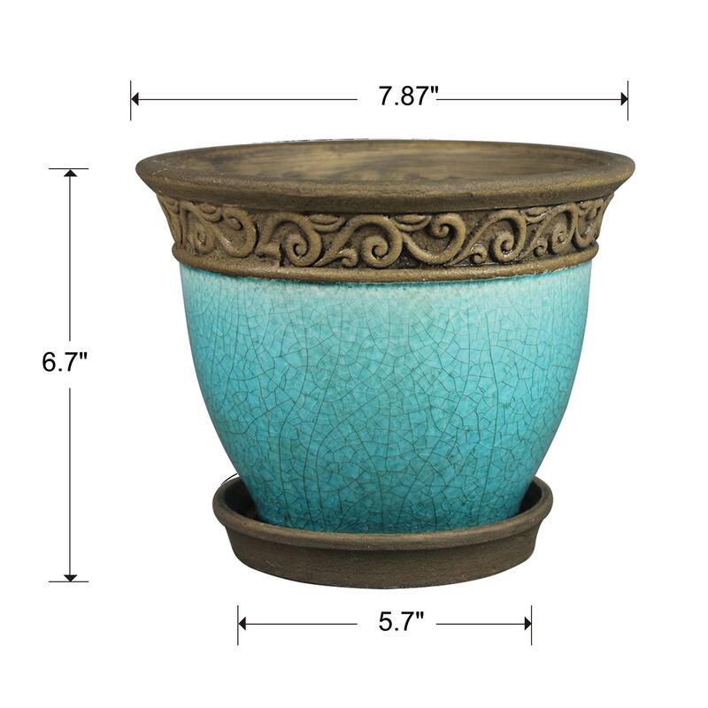 Southern Patio Cadiz 8" Crackled Ceramic Planter Pot w/Saucer, Teal (2 Pack) - 8.16