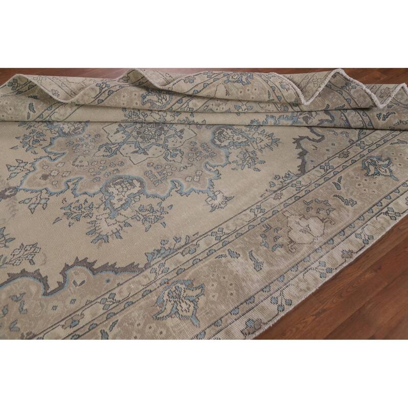 Vintage Distressed Tabriz Persian Rug Beige Handmade Wool Carpet - 6'11" x 10'4"