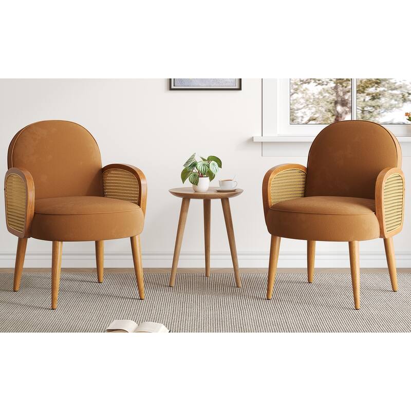 Mid-century Accent Chair with Rattan Armrests&Wooden Legs, for Living Room Reading Bedroom Balcony