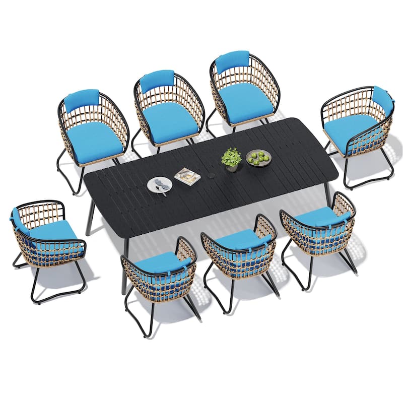 7/9-Piece Outdoor Dining Set Patio Aluminum Dining Table with Umbrella Hole and Rattan Chairs