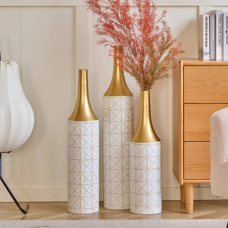Decorated Floor Glazed Metal Vases (Set of 3)