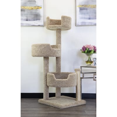 4-Level Solid Wood and Carpet Cat Tree with Deep Round Beds, Staggered Platforms and Multiple Sisal Rope Posts