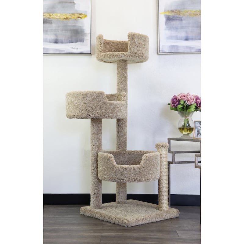 Solid Wood and Carpet Cat Tree Tower with Deep Round Beds and Multiple Sisal Scratching Posts for Big Active Cats