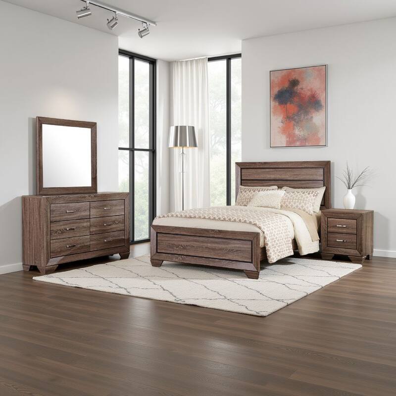 Bello 4pc King Bedroom Set, Transitional Washed Taupe Brown n Black
