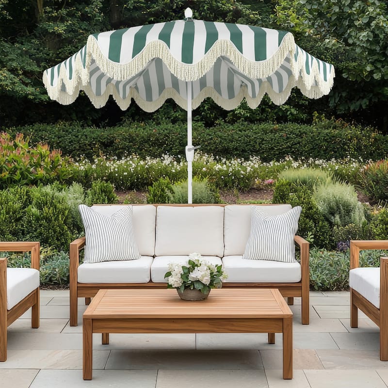9ft Tassel Patio Umbrella Auto-Tilt, Crank , by JONATHAN Y