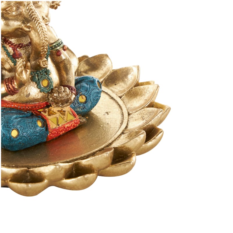 Gold Resin Ganesh Decorative Sculpture with Lotus Plate and Colorful Dresswear