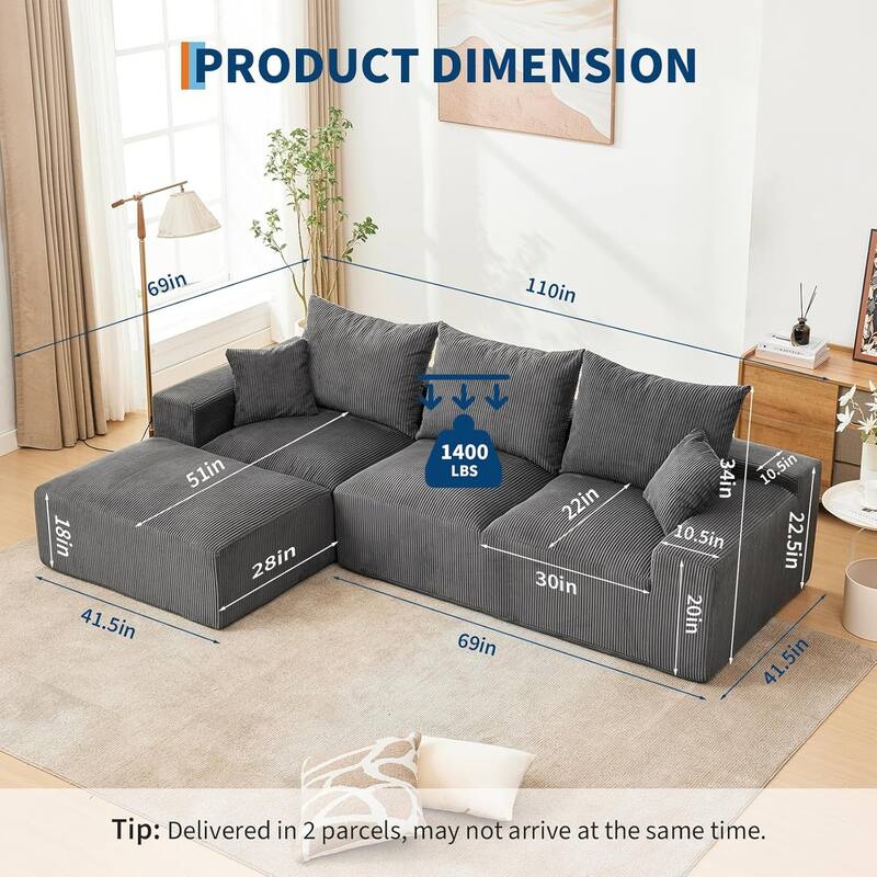 110" Oversized L-Shaped Sectional Sofa with Right Chaise, Cloud Couch with Corduroy & Memory Foam