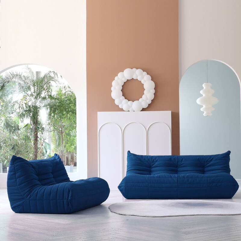 Soft Tufted Bean Bag Sofa,Extra Large Lazy Lounger Set for Living Room - Blue