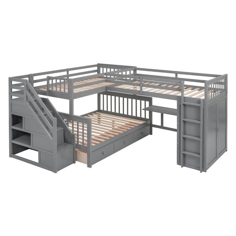 L-Shaped Twin-Twin Over Full Bunk Bed with Drawers, Desk, and Wardrobe in Gray