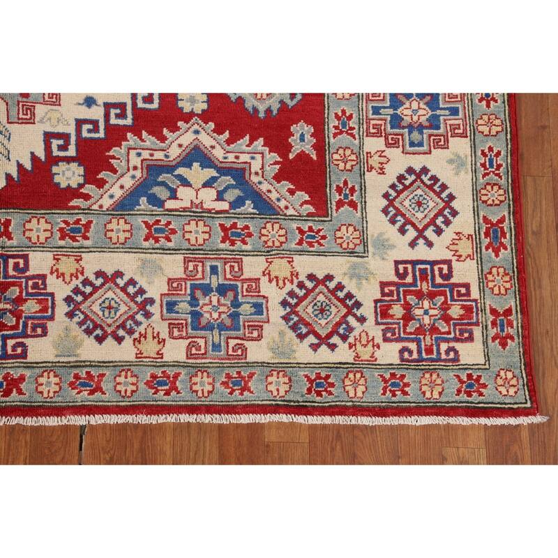 Red Geometric Kazak Rug Hand-Knotted Living Room Wool Carpet - 6'9" x 9'6"