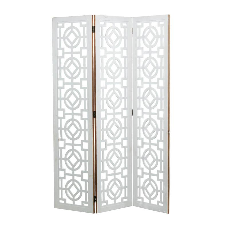 Wood Geometric Hinged Foldable Partition 3 Panel Room Divider Screen with Intricately Carved Designs - White - Roche River Decor