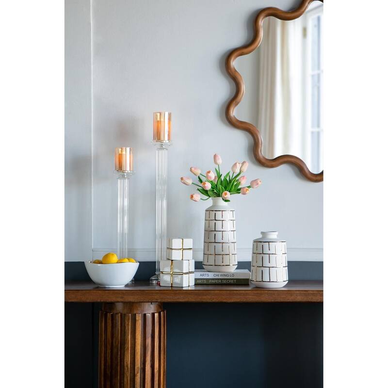 12" Ivory And Gold Geometric Cylindrical Ceramic Table Vase - 5.50