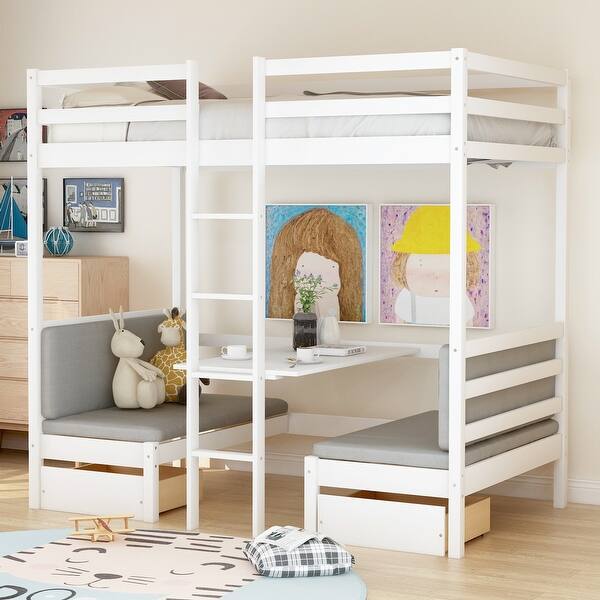 slide 2 of 9, Twin Size Loft Bed with Convertible Upper Bed and Desk White