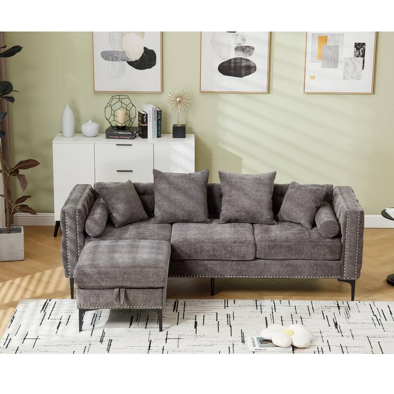 85'' L-Shaped 4 Seater Sectional Sofa with Convertible Storage Ottoman, Pillows, Solid Wood Frame, Modern Tufted Design