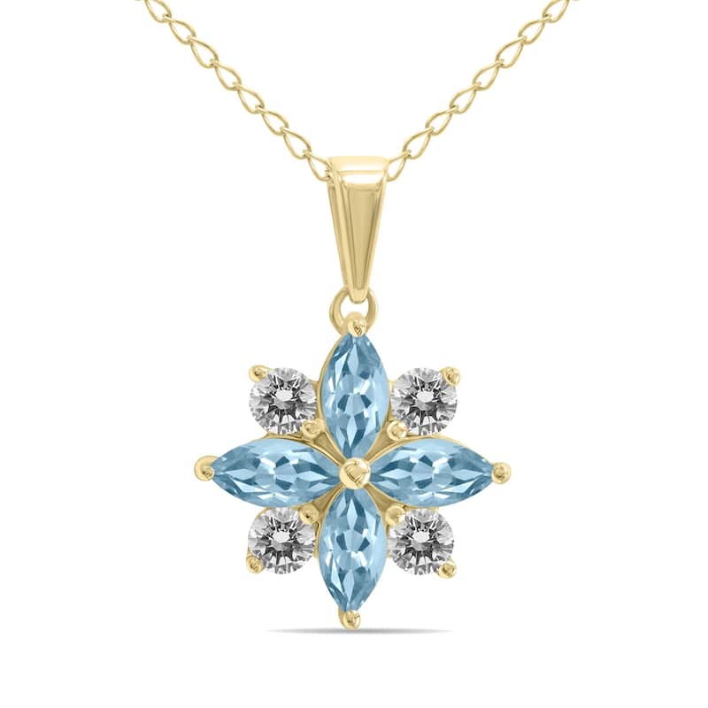 Marquee Jewels 3/4 Carat TW Aquamarine and Diamond Flower Pendant in 10K Yellow Gold