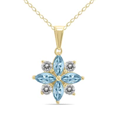 Marquee Jewels 3/4 Carat TW Aquamarine and Diamond Flower Pendant in 10K Yellow Gold