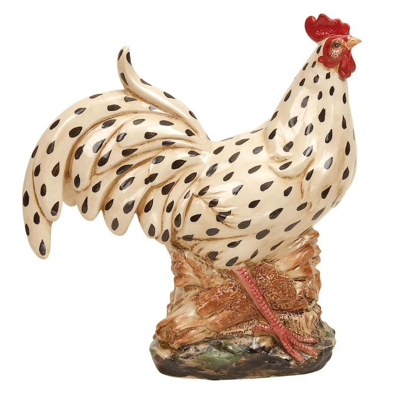 Ceramic Rooster Spotted Indoor Outdoor Decorative Garden Sculpture with Black and Red Accents - Beige - Roche River Decor - Beige