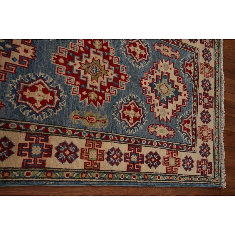 Blue Geometric Kazak Runner Rug Hand-Knotted Wool Carpet - 2'9" x 15'11"