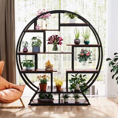 Industrial Round Bookshelf with 14 Shelving Units, Indoor Plant Stand - 11.81"D x 59.05"W x 62.59"H
