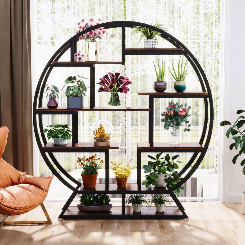 Industrial Round Bookshelf with 14 Shelving Units, Retro Organizer Rack Display Shelf - 59.06" L x 11.81" W x 62.99" H