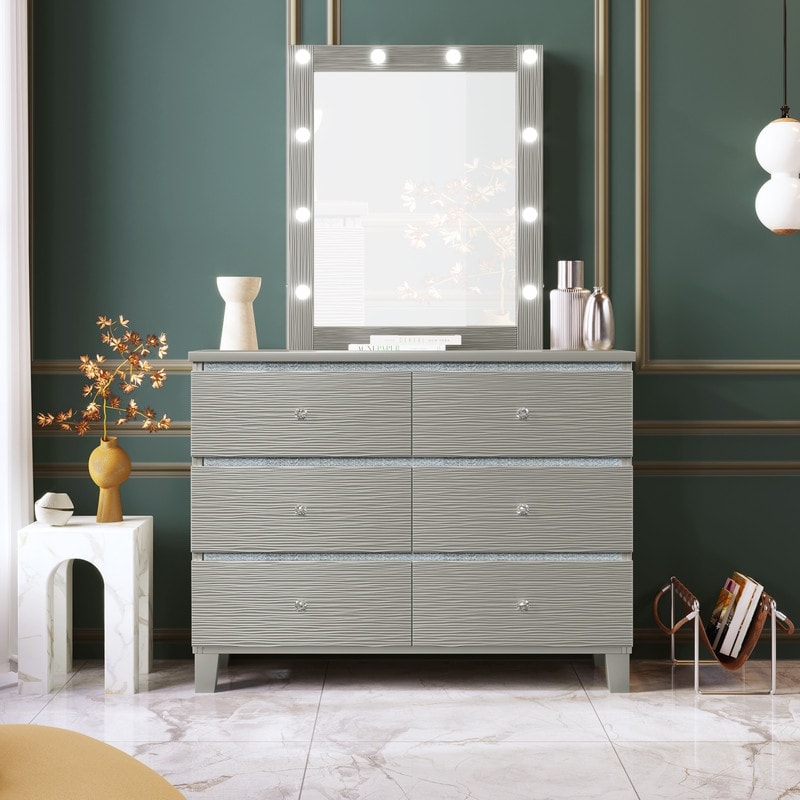 Champagne 6 Drawers Silver Rubber Wood Dresser & Mirror with LED Lights -  Overstock - 37523557