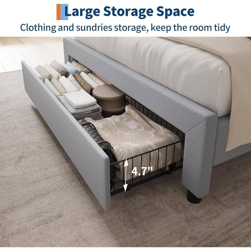 Upholstered Platform Beds with Drawers, Storage Headboard, Charging Station, Grey