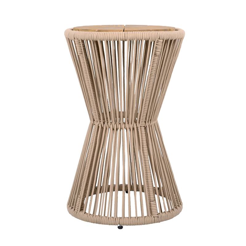 Roomfitters 25.8" Outdoor Side Table Modern Woven Rope Hourglass Patio Accent Table with Teak Wood Finish Top