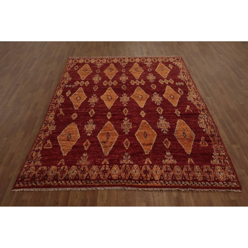 Hand Knotted Oriental 100% Wool Carpet Modern Tribal Red Moroccan Area Rug - 9' 11'' X 6' 10''