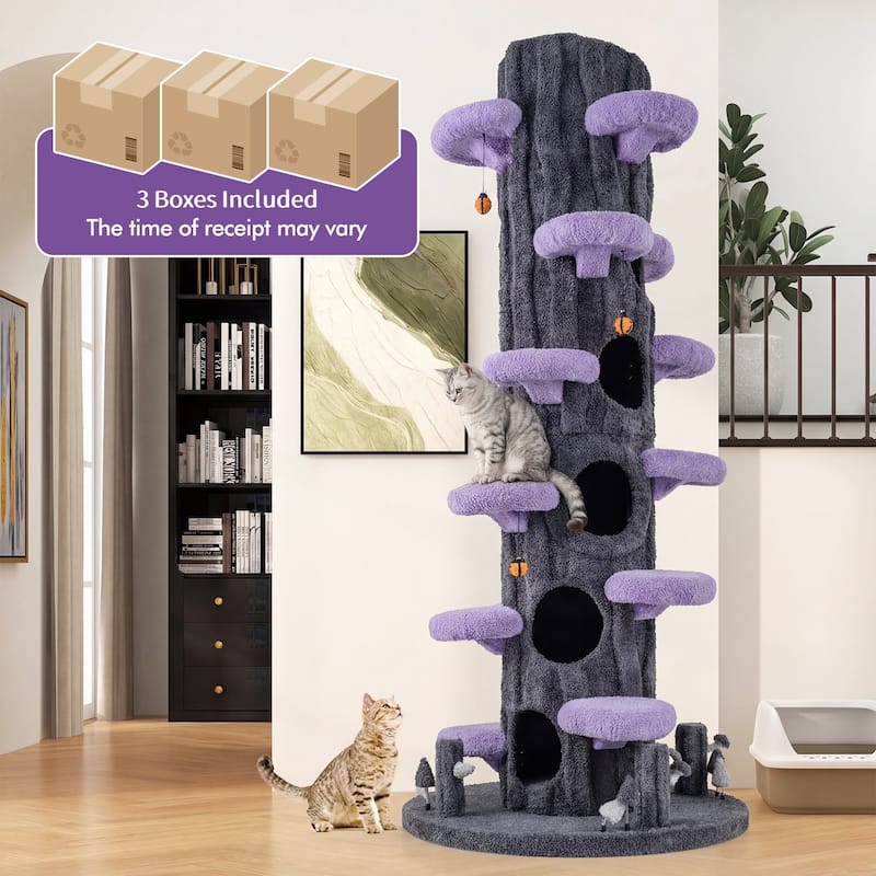 Gymax 90.5'' Multifunctional Cat Tree w/Private Condos Sisal Covered - Gray, Purple