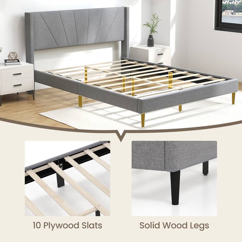 Bed Frame with Linen Upholstered Wingback Headboard