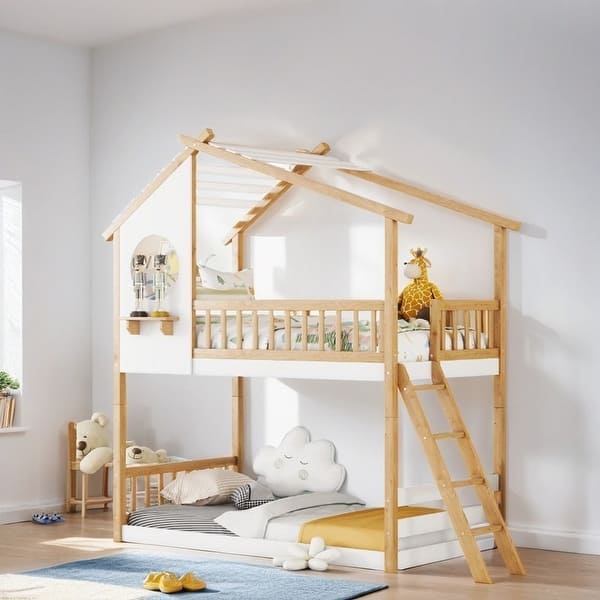 slide 2 of 9, Twin Over Twin Bunk Bed Wood Bed with Roof Window and Ladder, Natural